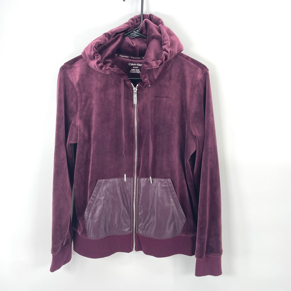 Calvin Klein Velour Full Zip Hoodie Women's Small Maroon Faux Leather Trim